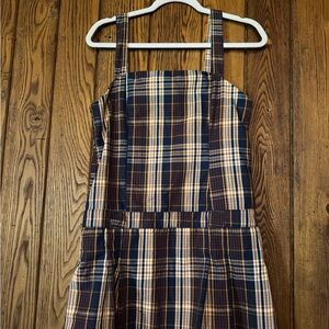 Plaid Square-Neck Pinafore Dress in Navy and Tan